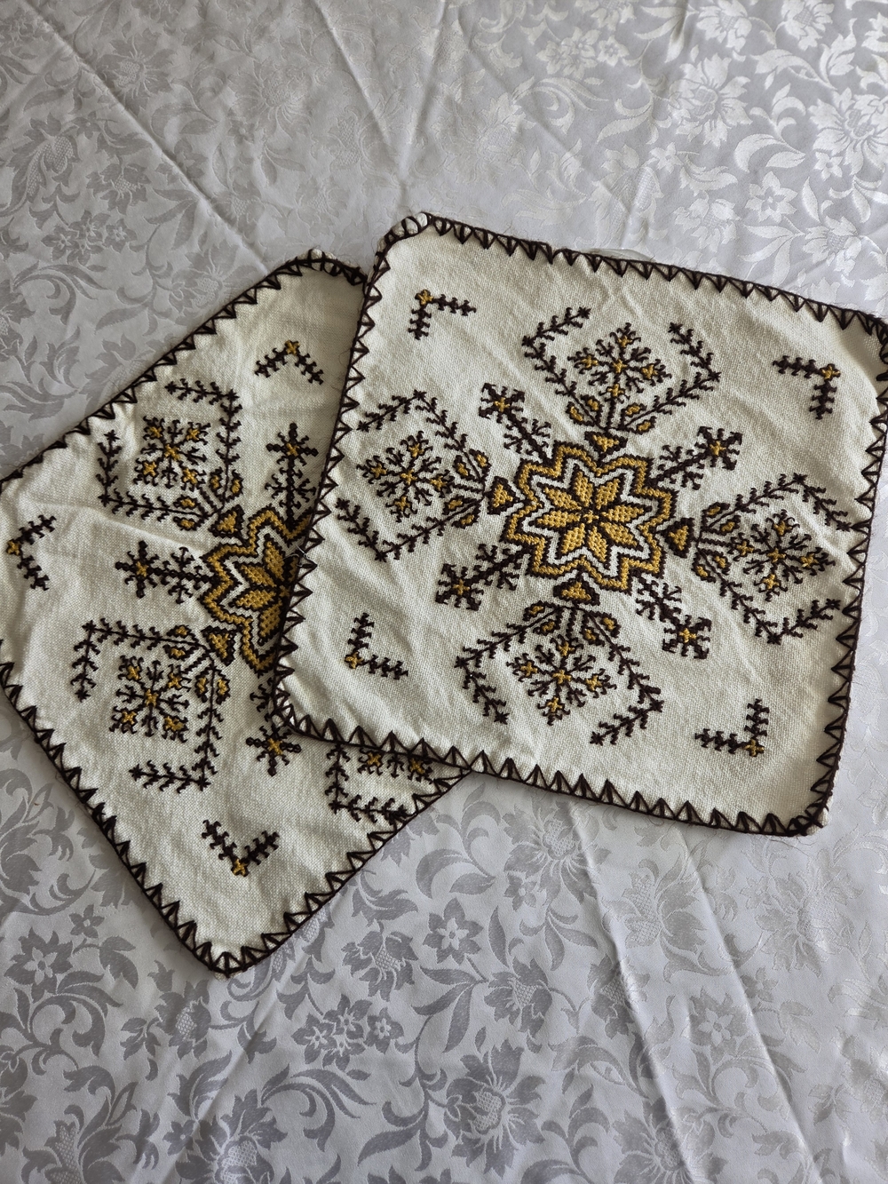 Vintage Boho Hand-Embroidered 2 Pillows Covers Pair 13x13 Folk Needlepoint